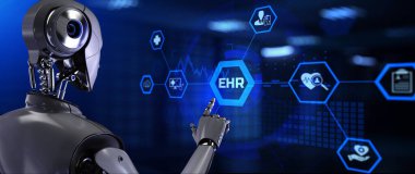 EHR EMR Elektronik Sağlık Kayıtlı RPA otomasyonu. Ekran 3 boyutlu görüntülemedeki robot düğmesine bas.