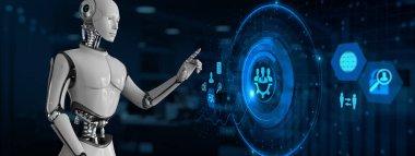 İnsan kaynakları otomasyon RPA. Ekran 3 boyutlu görüntülemedeki robot düğmesine bas.