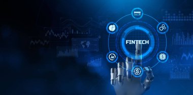 FIntech Finans teknolojisi online bankacılık e-ödemesi. Robotik kol 3d oluşturma.
