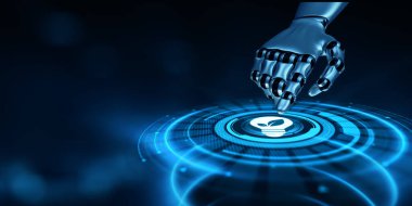 Yeşil enerji yenilenebilir sıfır atık. Robotik eller 3D render tuşuna basar.
