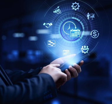 VR ekranında proje yönetimi iş teknolojisi kavramı.