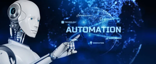 Proceso de trabajo robótico del negocio Automatización RPA. Robot pulsar botón en la pantalla de renderizado 3d — Foto de Stock
