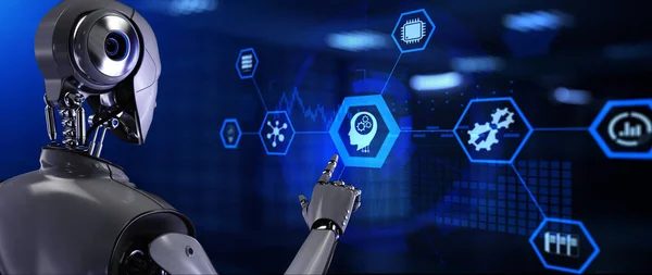 Maschinelles Lernen künstliche Intelligenz KI-Konzept. Roboter drückt Taste auf dem Bildschirm 3D-Renderer — Stockfoto