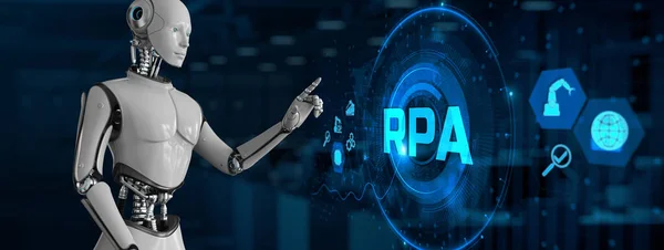 RPA Robotic process automation concept. Robot pressing button on screen 3d render