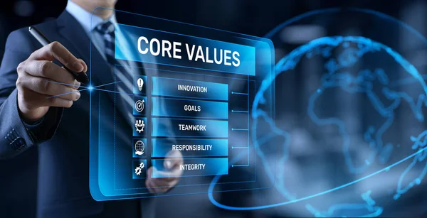 Valores fundamentales Responsabilidad Innovación. Empresario pulsando botón en la pantalla — Foto de Stock