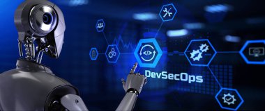 DevSecOps yazılım geliştirme kavramı. Ekran 3 boyutlu görüntülemedeki robot düğmesine bas