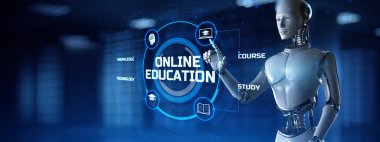 Çevrimiçi eğitim e-öğrenme kavramı. Ekran 3 boyutlu görüntülemedeki robot düğmesine bas