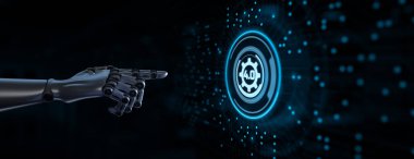 Endüstri 4.0 Akıllı üretim, zayıf iş yeniliği teknolojisi konsepti. Robot el 3D görüntüleme düğmesine basar