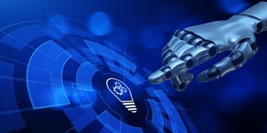 Yenilik teknolojisi konsepti. Robot el 3D görüntüleme düğmesine basar