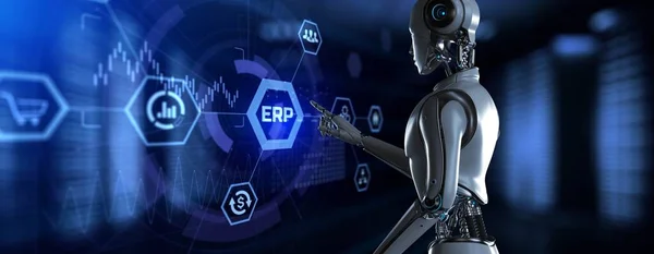 Planificación de recursos ERP Enterprise. Robot pulsar botón en la pantalla de renderizado 3d —  Fotos de Stock