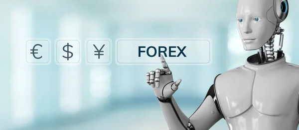 Koncepcja automatyzacji handlu robotami Forex. Naciśnięcie przycisku robota na ekranie 3d renderowania — Zdjęcie stockowe