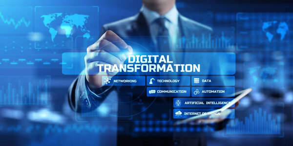 Нарушение цифровой трансформации Современные инновационные технологии и бизнес-концепция на виртуальном экране