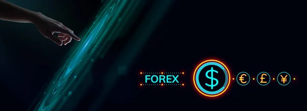 Forex trading borsa robot automazione borsa. Mano premendo il pulsante virtuale — Foto Stock