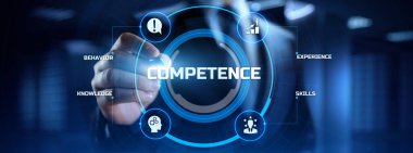 Yetkinlik becerileri iş ve kişisel gelişim kavramı. İş adamı ekrandaki düğmeye basıyor