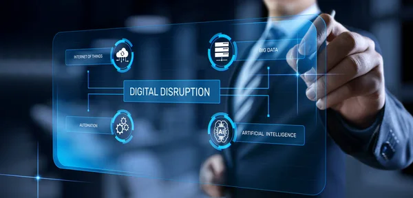 Digital disrupção indústria transformação tecnologia revolução conceito. Empresário pressionando botão na tela — Fotografia de Stock