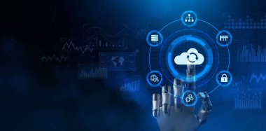 Bulut teknolojisi bilgisayar konsepti. Robot el sanal düğmeye basıyor. 3d oluşturma