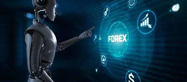Forex robot trading automation concept. Robot pressing button on screen 3d render — Stock Photo, Image