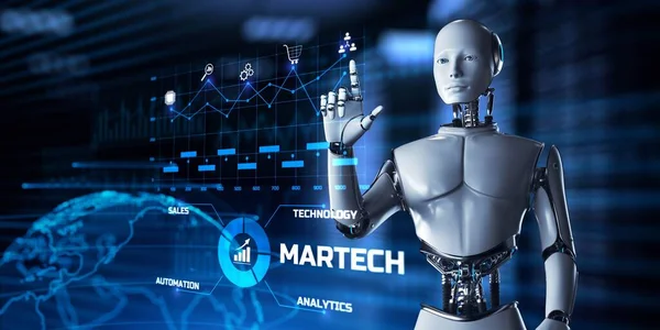 Martech Digital marketing automation technology concept. Robot pressing button on screen 3d render — Stock Photo, Image