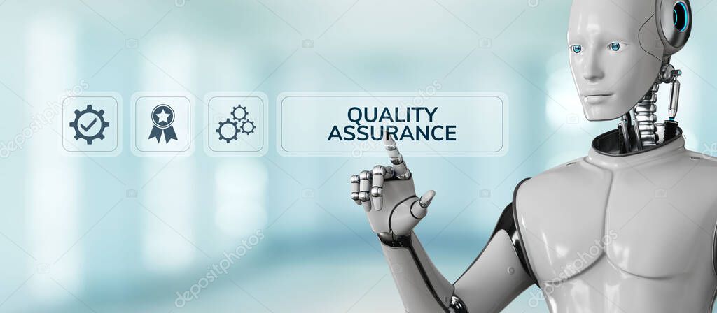 Quality assurance control standard concept. Robot pressing button on screen 3d render