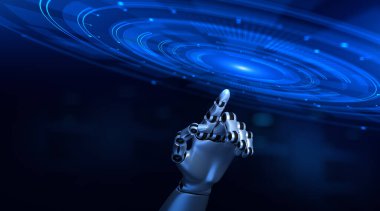 Dijital ekrana baskı yapan bir robotun eli. 3 Boyutlu resimleme