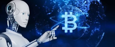 Bitcoin şifreli para birimi BTC ticareti. Ekran 3 boyutlu görüntülemedeki robot düğmesine bas