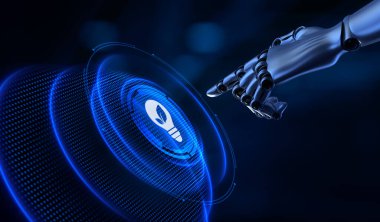 Yeşil enerji yenilenebilir sıfır atık. Robotik eller 3D render tuşuna basar