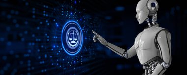 Hukuk Avukatı hukuk hukuku kavramı. Ekran 3 boyutlu görüntülemedeki robot düğmesine bas.