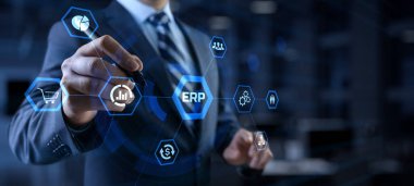 ERP Enterprise Resources planlama yazılım sistemi iş teknolojisi konsepti.