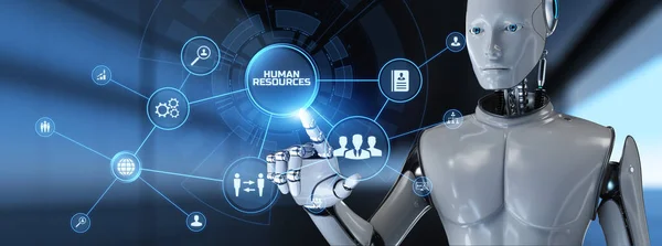 HR Humán erőforrás automatizálás RPA. Robot nyomógomb a képernyőn 3d render. — Stock Fotó