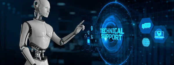 Technische Unterstützung Kundenservice Automatisierung. Roboter drückt Taste auf dem Bildschirm 3D-Renderer. — Stockfoto