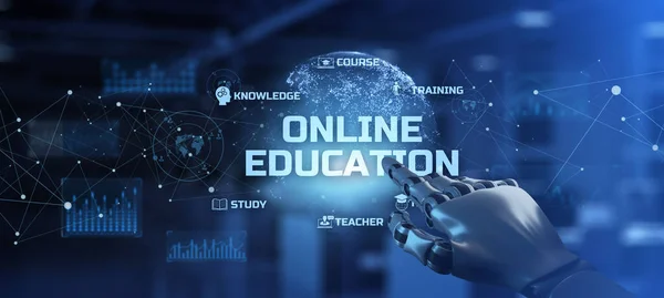 Educación en línea E-learning Concepto Edtech. Robot botón de pulsación de mano en la pantalla 3d render. —  Fotos de Stock