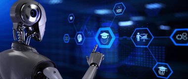 Çevrimiçi eğitim e-öğrenme kavramı. Ekran 3 boyutlu görüntülemedeki robot düğmesine bas