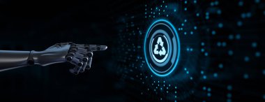 Geri dönüşüm sıfır atık ekolojisi teknoloji tasarruf kavramı. Robotik el 3D görüntüleme düğmesine bas