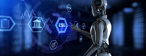 Концепція екологічного соціального управління ESG. Робот, який натискає віртуальну кнопку 3d ілюстрація рендеринга — стокове фото