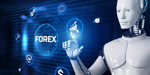 Koncepcja automatyzacji handlu robotami Forex. Naciśnięcie przycisku robota na ekranie 3d renderowania — Zdjęcie stockowe