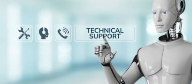 Teknik destek müşteri hizmetleri otomasyonu. Ekran 3 boyutlu görüntülemedeki robot düğmesine bas