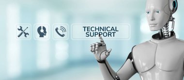 Technical support customer service automation. Robot pressing button on screen 3d render clipart