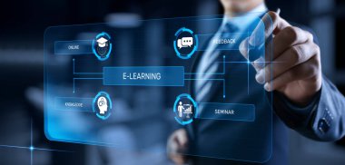 E-öğrenme Online öğrenme uzaklık eğitimi konsepti. İş adamı ekrandaki düğmeye basıyor