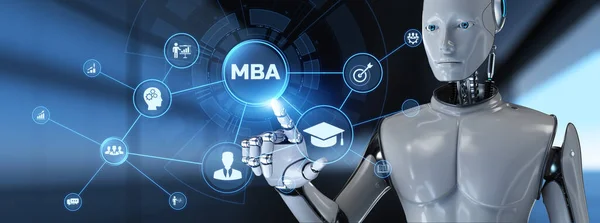MBA Máster en Administración de Empresas. Robot presionando el botón virtual 3d render illustration —  Fotos de Stock