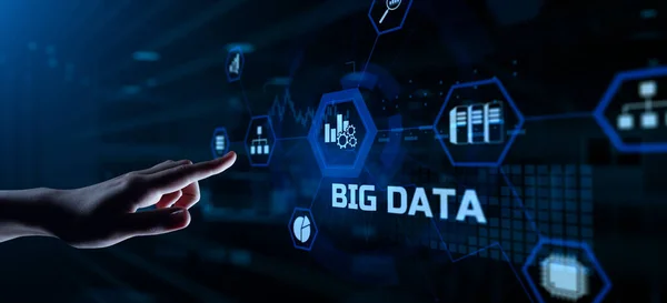 Big Data Analysis Analytics technology concept. Hand pressing button on screen