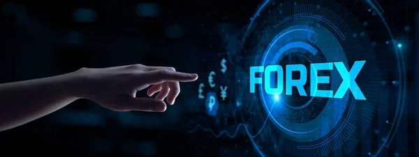 Forex negociação mercado de ações robô de automação de troca. Mão pressionando botão virtual — Fotografia de Stock