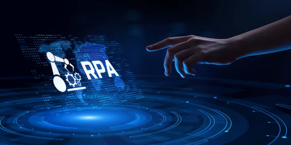 RPA Robotic process automation technology innovation concept. Pulsante premuto a mano sullo schermo — Foto Stock