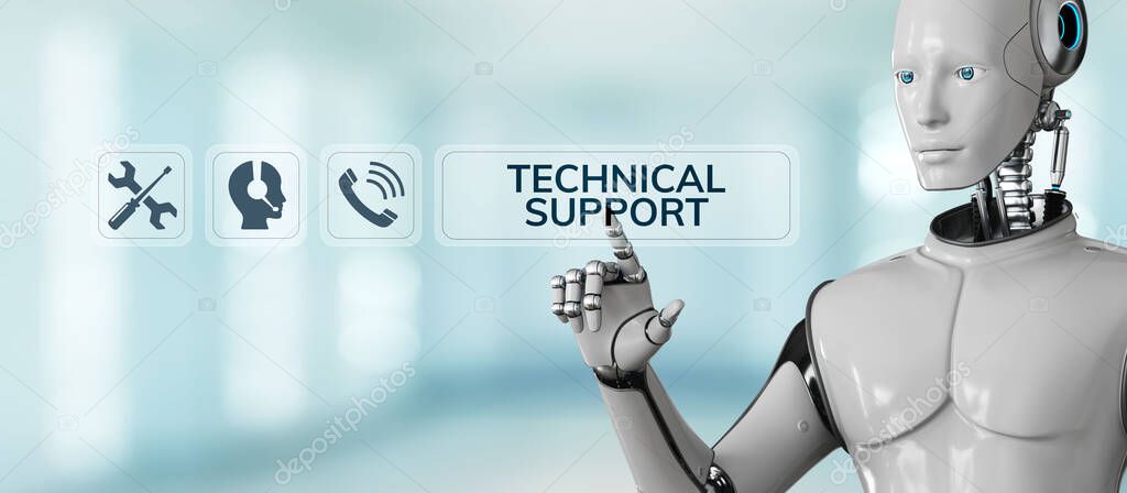 Technical support customer service automation. Robot pressing button on screen 3d render