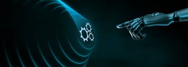 Gears Cog Wheel simgesi RPA Robotik işlem otomasyonu. Robot el sanal düğmeye basar 3D görüntüler