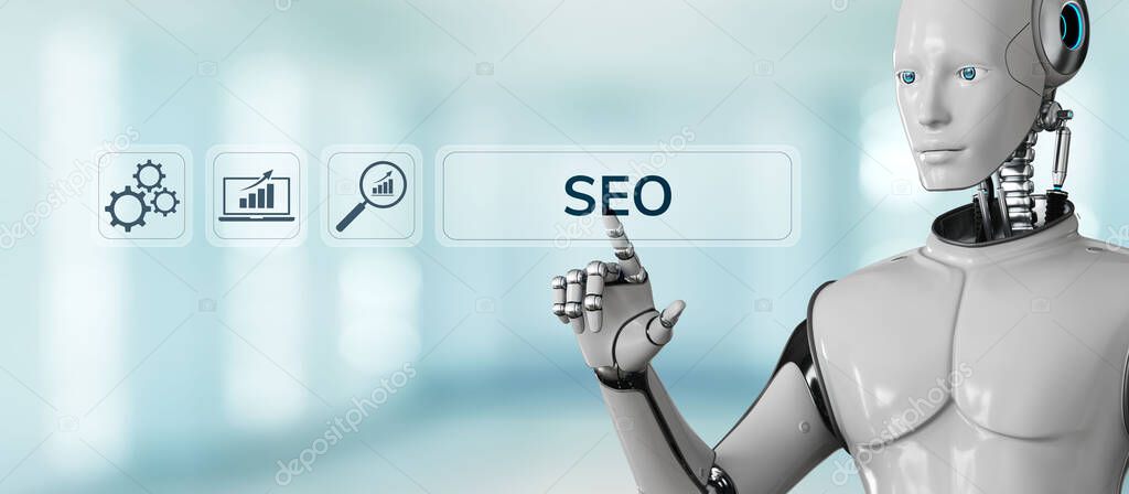 SEO Search engine optimisation digital marketing automation. Robot pressing button on screen 3d render