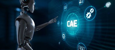 CAE Bilgisayar destekli yazılım sistemi. Teknoloji konsepti Ekran 3 boyutlu görüntülemedeki robot düğmesine bas