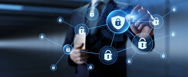 Cyber sikkerhed adgangskontrol databeskyttelse personlige oplysninger privatliv koncept. Forretningsmand trykke på knappen - Stock-foto
