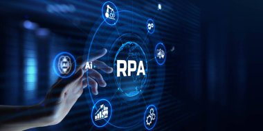 RPA Robotik İşlem Otomasyon Teknolojisi Yeniliği. Ekrandaki el düğmesine bas