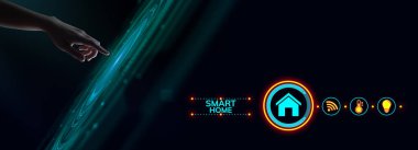 Akıllı Ev Otomasyonu kablosuz internet kavramını kontrol ediyor. El basma düğmesi