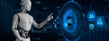 İnsan kaynakları otomasyon RPA. Ekran 3 boyutlu görüntülemedeki robot düğmesine bas